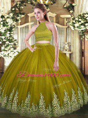 Beading and Appliques Sweet 16 Dress Olive Green Backless Sleeveless Floor Length