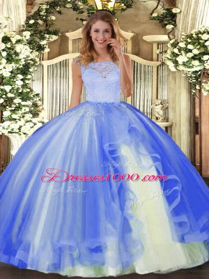 Popular Scoop Sleeveless Clasp Handle Quince Ball Gowns Blue Tulle