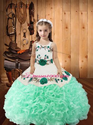 Floor Length Lace Up Girls Pageant Dresses Apple Green for Sweet 16 and Quinceanera with Embroidery and Ruffles