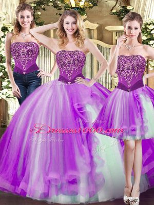 On Sale Eggplant Purple Ball Gowns Strapless Sleeveless Tulle Floor Length Lace Up Beading Quinceanera Dresses