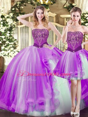 On Sale Eggplant Purple Ball Gowns Strapless Sleeveless Tulle Floor Length Lace Up Beading Quinceanera Dresses