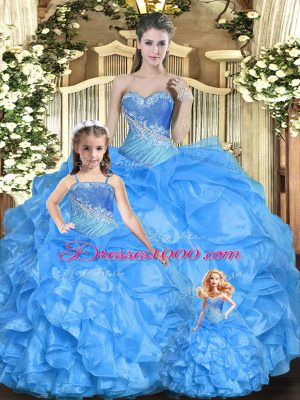 Baby Blue Ball Gowns Tulle Sweetheart Sleeveless Beading and Ruffles Floor Length Lace Up Quince Ball Gowns