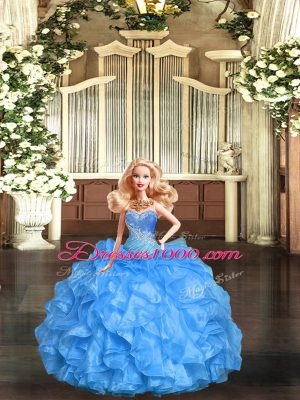 Baby Blue Ball Gowns Tulle Sweetheart Sleeveless Beading and Ruffles Floor Length Lace Up Quince Ball Gowns