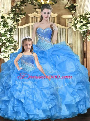 Baby Blue Ball Gowns Tulle Sweetheart Sleeveless Beading and Ruffles Floor Length Lace Up Quince Ball Gowns