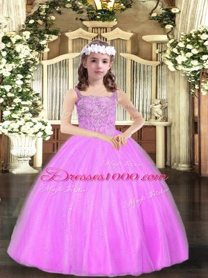 Luxurious Tulle Sleeveless Floor Length Pageant Gowns For Girls and Beading