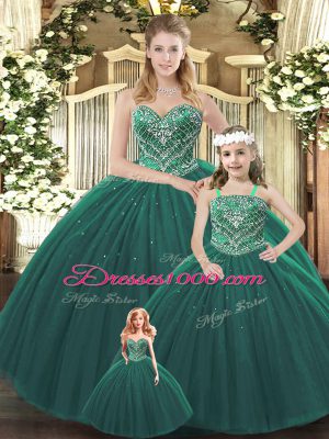 Sleeveless Floor Length Beading Lace Up Sweet 16 Dresses with Dark Green