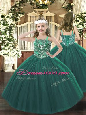 Sleeveless Floor Length Beading Lace Up Sweet 16 Dresses with Dark Green