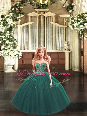 Sleeveless Floor Length Beading Lace Up Sweet 16 Dresses with Dark Green