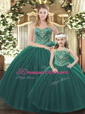 Sleeveless Floor Length Beading Lace Up Sweet 16 Dresses with Dark Green