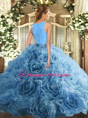 Blue Scoop Neckline Beading and Lace Quinceanera Dress Sleeveless Zipper