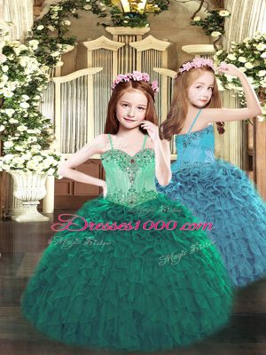 Fancy Dark Green Organza Lace Up Spaghetti Straps Sleeveless Floor Length Pageant Gowns For Girls Beading and Ruffles