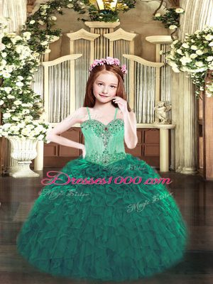 Fancy Dark Green Organza Lace Up Spaghetti Straps Sleeveless Floor Length Pageant Gowns For Girls Beading and Ruffles