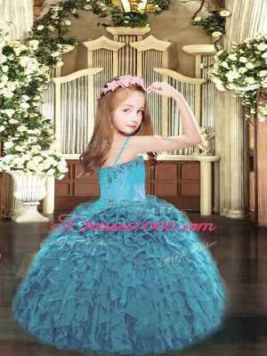 Fancy Dark Green Organza Lace Up Spaghetti Straps Sleeveless Floor Length Pageant Gowns For Girls Beading and Ruffles