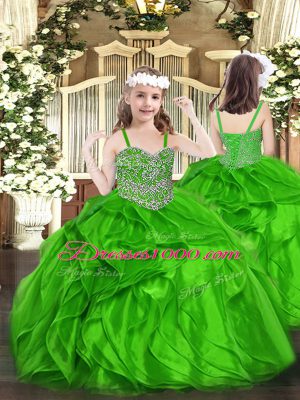 Superior Beading and Ruffles Pageant Dress Wholesale Green Lace Up Sleeveless Floor Length
