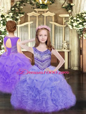 Lavender Organza Lace Up Little Girls Pageant Dress Sleeveless Floor Length Beading and Ruffles and Pick Ups