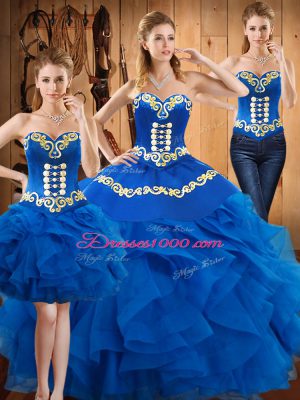 Top Selling Floor Length Lace Up 15th Birthday Dress Blue for Military Ball and Sweet 16 and Quinceanera with Embroidery and Ruffles