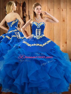 Top Selling Floor Length Lace Up 15th Birthday Dress Blue for Military Ball and Sweet 16 and Quinceanera with Embroidery and Ruffles