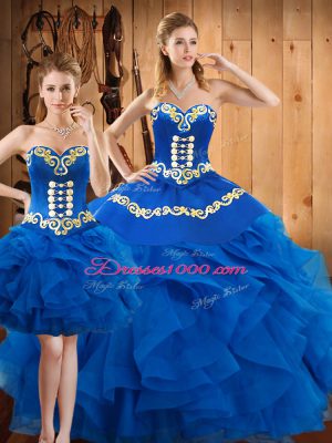 Top Selling Floor Length Lace Up 15th Birthday Dress Blue for Military Ball and Sweet 16 and Quinceanera with Embroidery and Ruffles