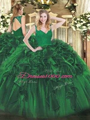 Floor Length Zipper Sweet 16 Dresses Dark Green for Sweet 16 and Quinceanera with Beading and Ruffles