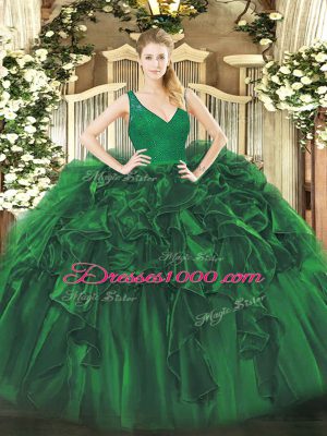 Floor Length Zipper Sweet 16 Dresses Dark Green for Sweet 16 and Quinceanera with Beading and Ruffles