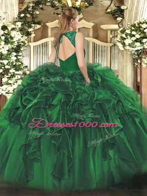 Floor Length Zipper Sweet 16 Dresses Dark Green for Sweet 16 and Quinceanera with Beading and Ruffles