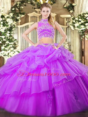 Luxury Sleeveless Floor Length Beading and Ruffles and Pick Ups Backless Vestidos de Quinceanera with Eggplant Purple