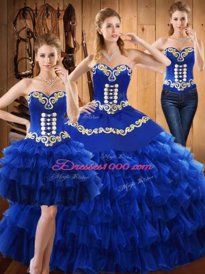 Charming Sleeveless Tulle Floor Length Lace Up Ball Gown Prom Dress in Blue with Embroidery and Ruffled Layers