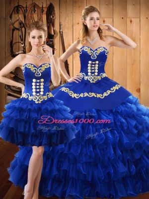 Charming Sleeveless Tulle Floor Length Lace Up Ball Gown Prom Dress in Blue with Embroidery and Ruffled Layers