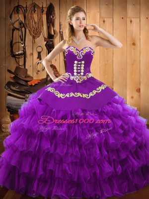 Sleeveless Satin and Organza Floor Length Lace Up Quinceanera Dresses in Purple with Embroidery and Ruffled Layers