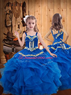 Excellent Blue Ball Gowns Organza Straps Sleeveless Embroidery and Ruffles Floor Length Lace Up Child Pageant Dress