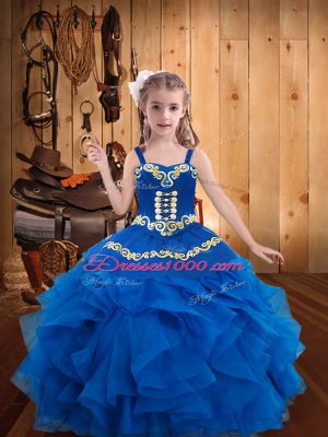 Excellent Blue Ball Gowns Organza Straps Sleeveless Embroidery and Ruffles Floor Length Lace Up Child Pageant Dress