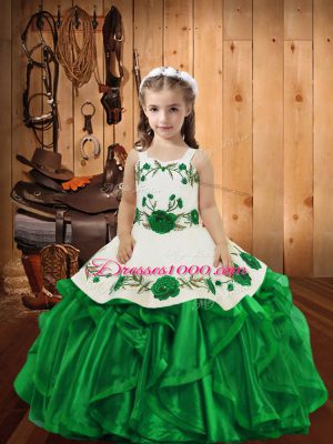 Custom Made Sleeveless Organza Floor Length Lace Up Juniors Party Dress in Green with Embroidery and Ruffles