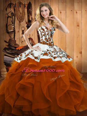 Sweetheart Sleeveless Quinceanera Gowns Floor Length Embroidery and Ruffles Rust Red Satin and Organza