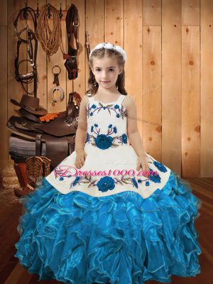 Floor Length Baby Blue Pageant Gowns For Girls Straps Sleeveless Lace Up
