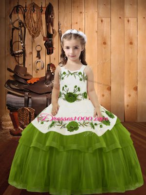 Organza Straps Sleeveless Lace Up Embroidery and Ruffled Layers Little Girls Pageant Gowns in Olive Green