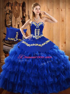 Wonderful Sleeveless Satin and Organza Floor Length Lace Up Sweet 16 Quinceanera Dress in Blue with Embroidery and Ruffled Layers