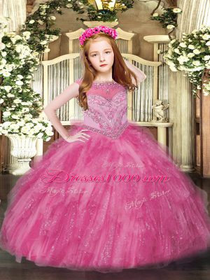 Stylish Hot Pink Tulle Zipper Kids Pageant Dress Sleeveless Floor Length Beading and Ruffles
