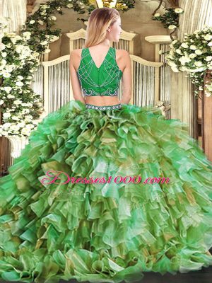 High-neck Sleeveless Sweet 16 Dresses Floor Length Beading and Ruffles Multi-color Tulle