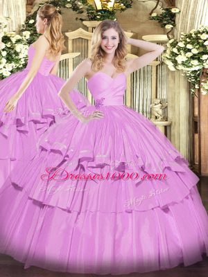 Lilac 15 Quinceanera Dress Military Ball and Sweet 16 and Quinceanera with Beading and Ruffled Layers Sweetheart Sleeveless Lace Up