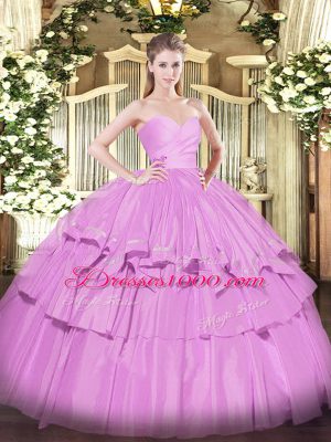 Lilac 15 Quinceanera Dress Military Ball and Sweet 16 and Quinceanera with Beading and Ruffled Layers Sweetheart Sleeveless Lace Up