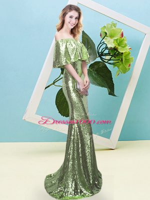 Sequined Off The Shoulder Half Sleeves Zipper Sequins Homecoming Dress in Yellow Green