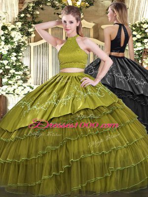 Hot Selling Olive Green Organza Backless Halter Top Sleeveless Floor Length Sweet 16 Dresses Beading and Embroidery and Ruffled Layers