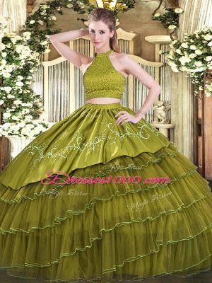 Hot Selling Olive Green Organza Backless Halter Top Sleeveless Floor Length Sweet 16 Dresses Beading and Embroidery and Ruffled Layers