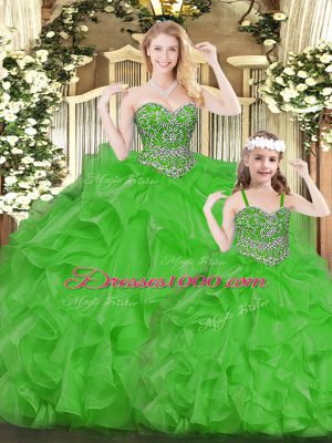 Flirting Green Sweet 16 Dress Military Ball and Sweet 16 and Quinceanera with Beading and Ruffles Sweetheart Sleeveless Lace Up