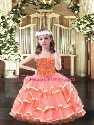 Trendy Sleeveless Organza Floor Length Lace Up Little Girl Pageant Dress in Watermelon Red with Beading and Ruffled Layers