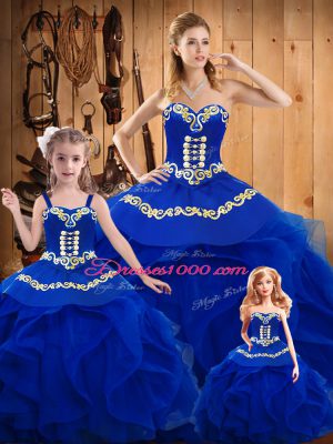 Sleeveless Tulle Floor Length Lace Up Vestidos de Quinceanera in Royal Blue with Ruffles