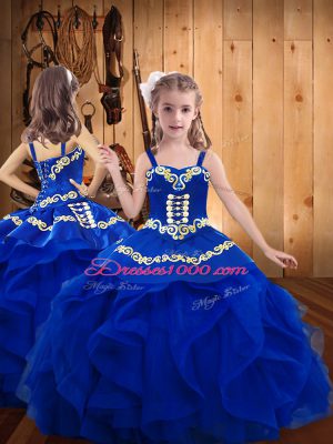 Sleeveless Tulle Floor Length Lace Up Vestidos de Quinceanera in Royal Blue with Ruffles