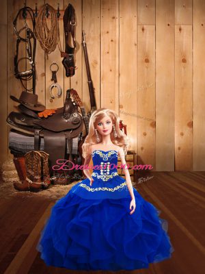 Sleeveless Tulle Floor Length Lace Up Vestidos de Quinceanera in Royal Blue with Ruffles