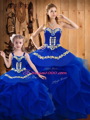 Sleeveless Tulle Floor Length Lace Up Vestidos de Quinceanera in Royal Blue with Ruffles