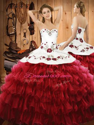 Hot Sale Wine Red Organza Lace Up Quinceanera Dress Sleeveless Floor Length Embroidery and Ruffled Layers